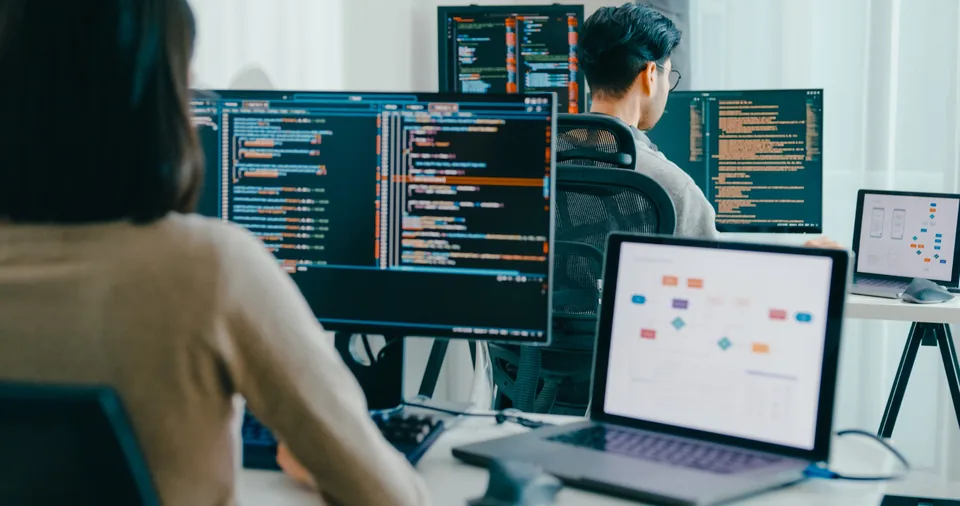 Programiści podczas pracy nad oprogramowaniem w software house