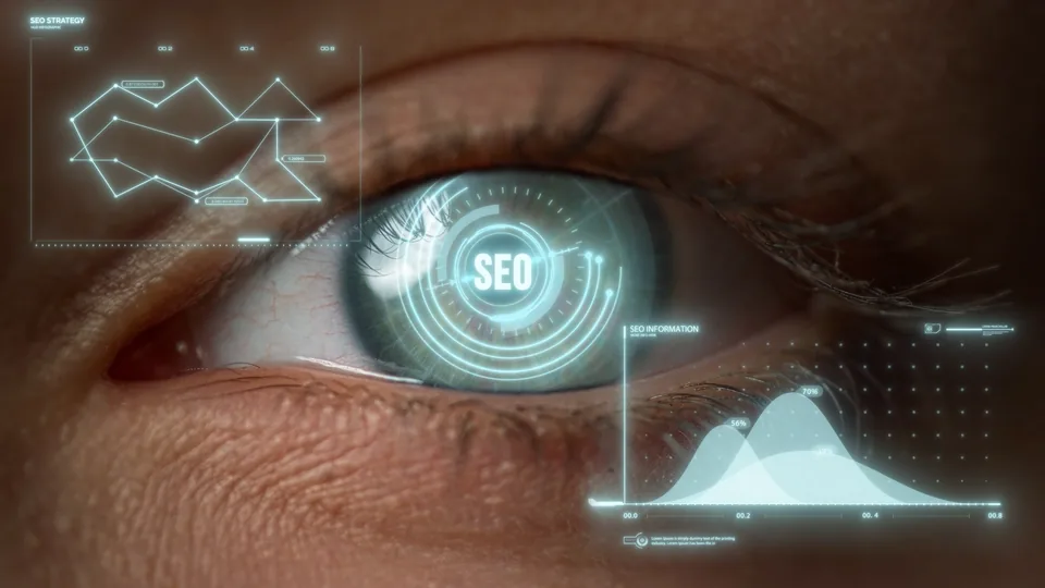 Oko z interfejsem SEO jako metafora analizy widoczności w wyszukiwarce
